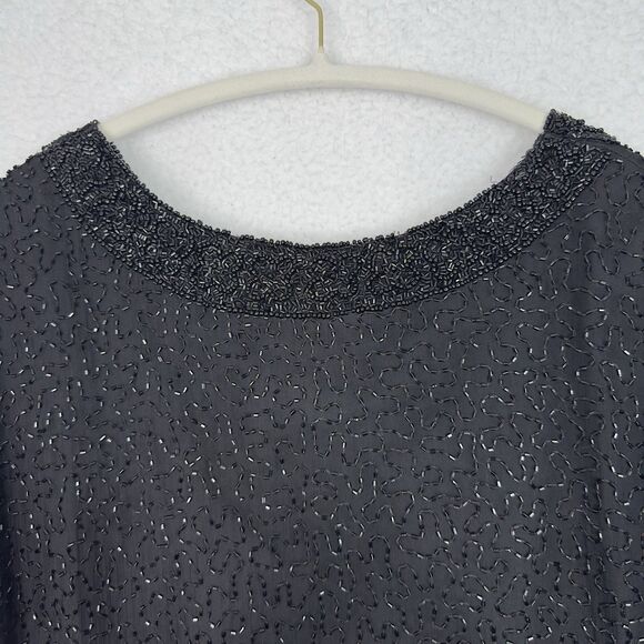VTG Lawrence Kazer Jacket Blazer 100% Silk Black 3X Beaded Evening Cocktail Glam - Picture 9 of 14